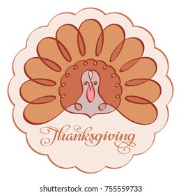 Thanksgiving invitation sticker. Elegant hand drawn turkey bird and calligraphic logo with a vintage flourishes. Cute symbol of a harvest holiday in the round lacy napkin. Brown pinkish retro tints.