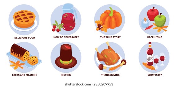 Thanksgiving isometric round compositions demonstrated history facts meanings delicious food and festive accessories isolated vector illustration