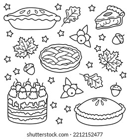 Thanksgiving item set. Pies, leaves, cake, berries. Coloring book for children. Black and white vector illustration.