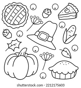 Juego de artículos de Acción de Gracias. Lágrimas, calabaza, maíz, sombrero, bellotas. Libro de Colores para niños. Ilustración vectorial en blanco y negro.