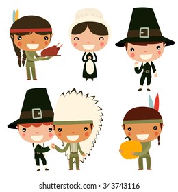 thanksgiving kids. Cute native americans and colonists.