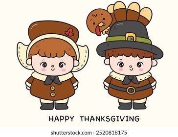 Thanksgiving Kinder Pilgrim Boy mit Putenvogel und Mädchen niedlichen Charakter Vektor. Serie: Kawaii Cartoon Erntefest. Saison Herbst Baby Herbst Dekorationen. Perfekt macht einen Wunsch nach Hintergrund.