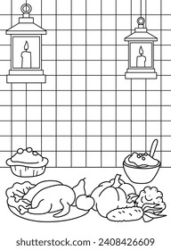 Thanksgiving, kitchen, dining room, table with food, lanterns. Background, coloring page. Black and white vector illustration.