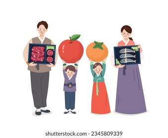 Thanksgiving in Korea, family wearing traditional hanbok are holding presents.