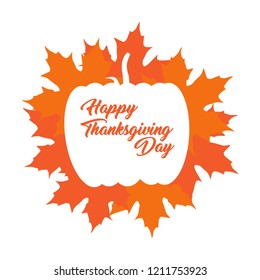 Thanksgiving label with leaves and a pumpkin silhouette. Vector illustratin design