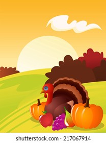 Thanksgiving landscape with turkey pumpkin grape apple