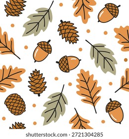 Ação de Graças deixa padrão sem costura com folhas caindo bolotas e pinecones para uma floresta rústica inspirado olhar conceito como padrão de Ação de Graças rústico com folhas caindo bolotas e pinecones para uma floresta inspirada atmosfera no Conceito de Stock Fotográfico e espaço vazio no lado esquerdo, sem texto —ar 7:2 —tile