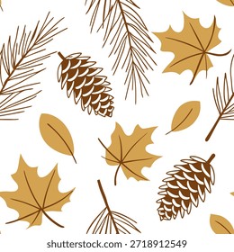 Hojas de acción de gracias sin patrón con agujas de pino hojas de otoño y tonos dorados cálidos para un concepto de diseño de otoño inspirado en el bosque como patrón de acción de gracias inspirado en el bosque con agujas de pino hojas de otoño y tonos dorados cálidos para un aspecto natural en la foto Stock Concepto y espacio vacío en el lado izquierdo, sin texto --ar 7:2 --tile