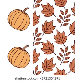 Ação de Graças deixa padrão sem costura com abóbora e motivos de folha para uma colheita inspirada festiva queda design conceito como Colheita inspirado Ação de Graças padrão com abóboras e motivos de folha para uma festiva estética sazonal no Conceito de Stock Fotográfico e espaço vazio no lado esquerdo, sem texto —ar 7:2 —tile