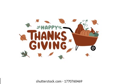 Composición con letras de acción de gracias con calabazas, manzanas, peras y hojas de otoño. Afiche de tipografía del Día de Acción de Gracias hecho a mano. Se puede usar para tarjetas de felicitación, pancartas, afiches.