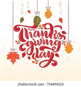 Thanksgiving lettering in a vintage style on texture background with decorative autumn leafs. Greeting design for a cards or poster. Thanksgiving Day calligraphy letters, vector illustration. Vector.