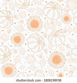 Thanksgiving line art pumpkins, sunflower, leaf seamless pattern on white background design