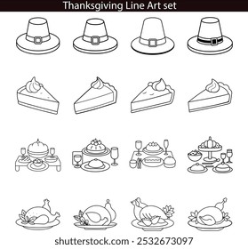 Thanksgiving Line Art Set: Hats, Pies, Turkey