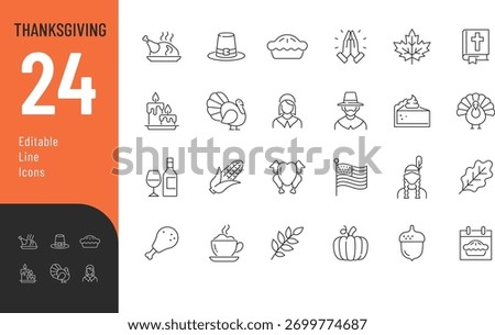 Thanksgiving Line Editable Icons set. Vector illustration in modern thin style of holidays related icons: turkey, pie, pilgrim, and more. Isolated on transparent background.