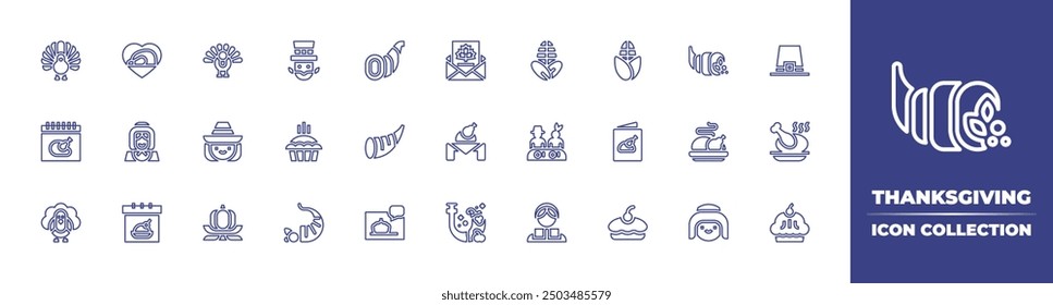 Thanksgiving line icon collection. Editable stroke. Vector illustration. Containing turkey, cornucopia, heart, thanksgiving, invitation, corn, calendar, pilgrim, pumpkin, pie, leprechaun.