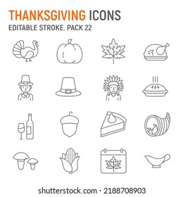 Juego de iconos de la línea de Acción de Gracias, colección de otoño, gráficos vectoriales, ilustraciones de logotipo, iconos vectoriales del día de Acción de Gracias, signos de vacaciones, pictogramas de contorno, trazo editable