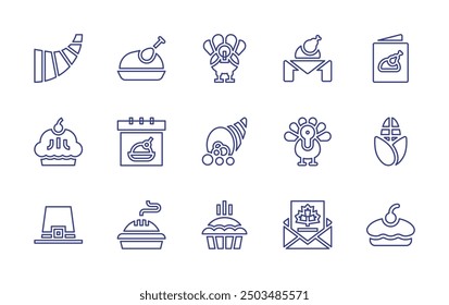 Thanksgiving line icon set. Editable stroke. Vector illustration. Containing thanksgiving, cornucopia, applepie, corn, invitation, turkey, calendar, pilgrim, pie, greetingcard.