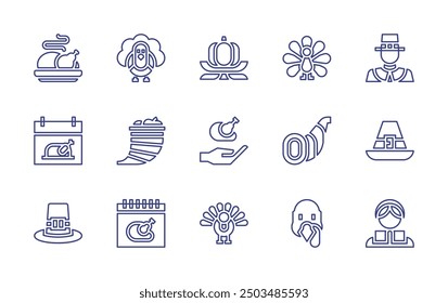 Thanksgiving line icon set. Editable stroke. Vector illustration. Containing feast, turkey, hat, thanksgiving, pilgrim, pumpkin, cornucopia, calendar.