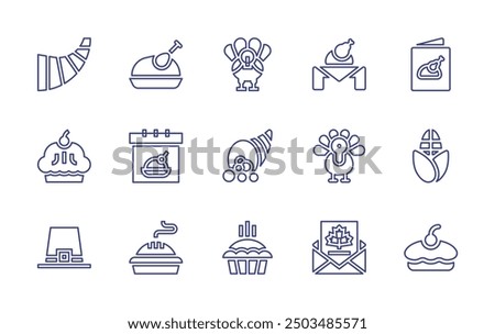 Thanksgiving line icon set. Editable stroke. Vector illustration. Containing thanksgiving, cornucopia, applepie, corn, invitation, turkey, calendar, pilgrim, pie, greetingcard.