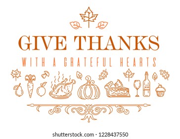 Thanksgiving line icon set. Give Thanks with a grateful heart. Vector illustration