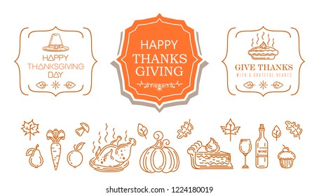 Thanksgiving line icon set. Happy Thanksgiving Day. A collection of symbols and greeting inscriptions for Thanksgiving. Vector illustration