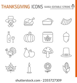 Thanksgiving line icon set, holiday vector collection, logo illustrations, family days symbols vector icons, outline style pictogram pack, editable stroke icons.