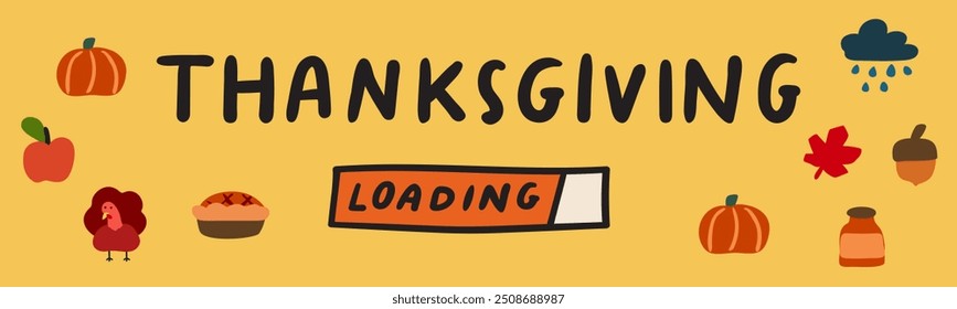 Carregando no Dia de Ação de Graças. Banner horizontal. Design gráfico. Ilustração sobre fundo laranja.