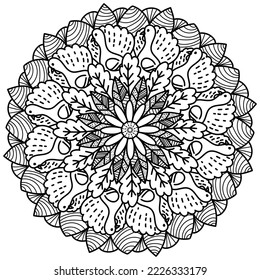 Thanksgiving mandala with turkey and leaves, meditative coloring page with patterns and flower vector illustration