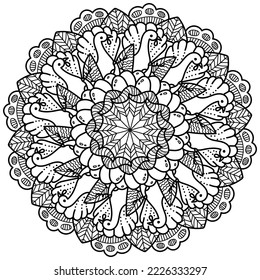 Thanksgiving Mandala with Turkey Pumpkin and Swirls, Meditative Coloring Page with Patterns vector illustration