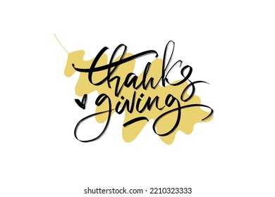 Thanksgiving marker grunge lettering on yellow awtumn oak leaf background. Inscription for cards, posters, social media posts, web design. Vector illustration.