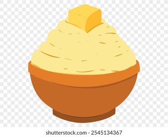 Ação de Graças purê batatas com um pedaço de manteiga derretida em cima, em um estilo minimalista e fundo transparente. Perfeito para projetos de Ação de Graças e ilustrações de comida de férias