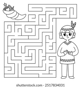 Thanksgiving maze game for kids. Indian man looking for a way to the cornucopia. Printable worksheet with solution for school and preschool. Vector cartoon illustration.