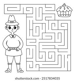 Thanksgiving maze game for kids. Pilgrim man looking for a way to the pumpkin pie. Printable worksheet with solution for school and preschool. Vector cartoon illustration.