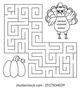 Juego de laberinto de acción de gracias para niños. Pavo en busca de un camino a la calabaza. Hoja de trabajo imprimible con solución para escuela y preescolar. Vector ilustración de dibujos animados.