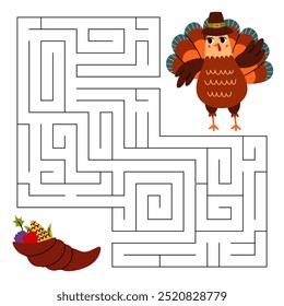 Juego de laberinto de acción de gracias para niños. Turquía en busca de un camino a la cornucopia. Hoja de trabajo imprimible con solución para escuela y preescolar. Vector ilustración de dibujos animados.