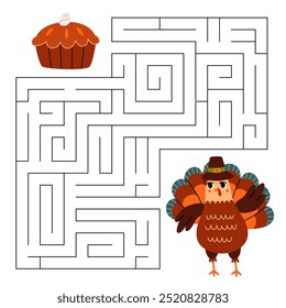 Thanksgiving maze game for kids. Turkey looking for a way to the pumpkin pie. Printable worksheet with solution for school and preschool. Vector cartoon illustration.