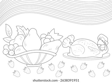 Thanksgiving Meal Outline Illustration, Black and white line drawing illustration featuring a roasted Thanksgiving turkey on a platter, a large bowl of fruit, and scattered strawberries. Ideal for