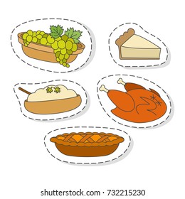 Thanksgiving meals stickers or icons set. Bunch of grapes in bowl, piece of cake, mashed potatoes with herbs, apple pie isolated flat vector outlined with dotted line. Autumn harvest festival culinary