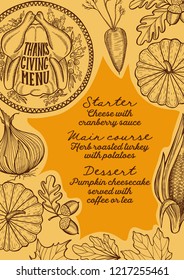 Thanksgiving menu with autumn vegetables vector illustration brochure for holiday dinner celebration. Design food template with vintage lettering and hand-drawn graphic elements, turkey, pumpkin.