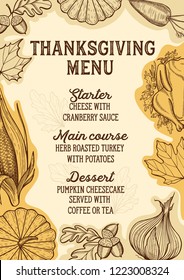 Thanksgiving menu with autumn vegetables vector illustration brochure for dinner celebration. Design food template with vintage lettering and hand-drawn graphic elements, turkey, pumpkin.