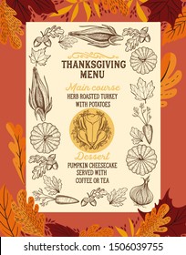 Thanksgiving menu with autumn vegetables vector illustration brochure for dinner celebration. Design food template with vintage lettering and hand-drawn graphic elements, turkey, pumpkin.