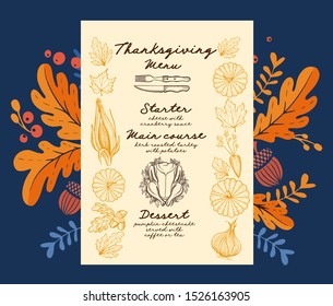 Thanksgiving menu with autumn vegetables vector illustration brochure for dinner celebration. Design food template with vintage lettering and hand-drawn graphic elements, turkey, pumpkin.