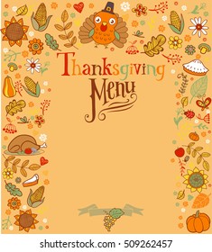 Thanksgiving menu card with holiday traditional symbols.