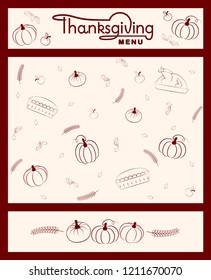 Thanksgiving menu template for cafe or restaurant on light beige background with turkeys, pumpkin pie, pumpkin, apples and oak leave. Thanksgiving menu design on craft backgroung. Seamless. EPS 10