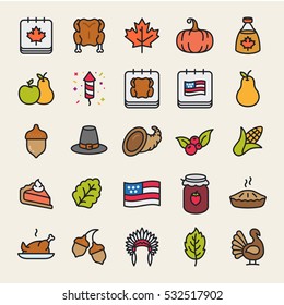 Thanksgiving Minimal Color Flat Line Stroke Icon Pictogram Symbol Illustration Set Collection