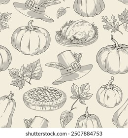 Thanksgiving monochrome pattern seamless with pumpkins and roast turkey near hat symbolizing end of harvest day vector illustration