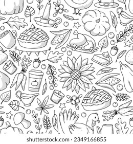 Thanksgiving monochrome seamless pattern with doodles for coloring pages, packaging, wallpaper, wrapping paper, textile prints, backgrounds, etc. EPS 10