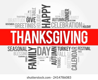 Thanksgiving is a national holiday celebrated on various dates in October and November, word cloud concept background