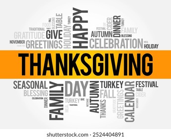 Thanksgiving is a national holiday celebrated on various dates in October and November, word cloud concept background