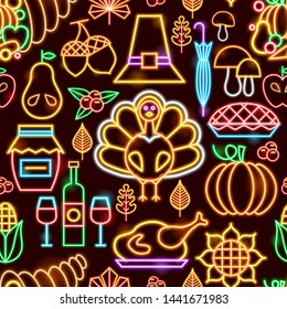 Thanksgiving Neon Seamless Pattern. Vector Illustration of Fall Promotion.